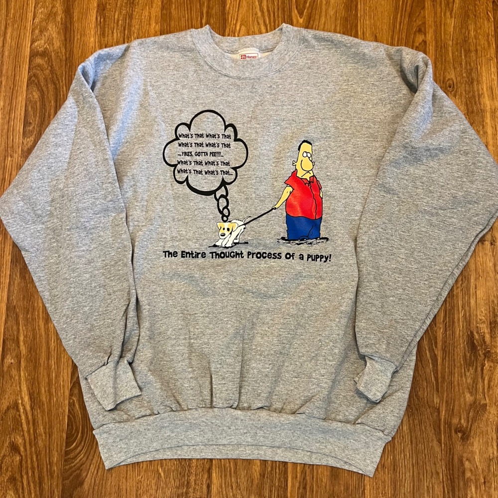 Vintage Thought Process of a Puppy Crewneck Adult Large Gray Graphic Pullover